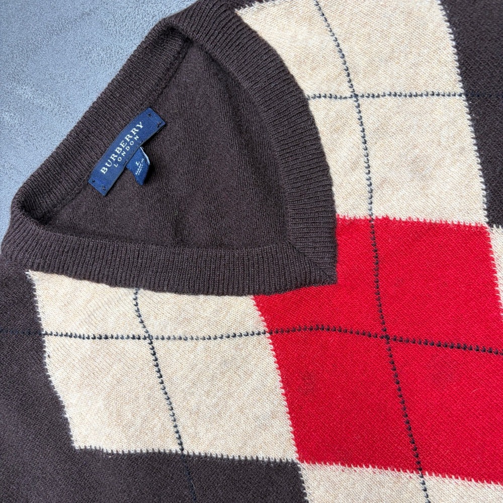 Burberry London Mens L Brown Argyle Merino Wool V Neck Pullover Sweater Academia